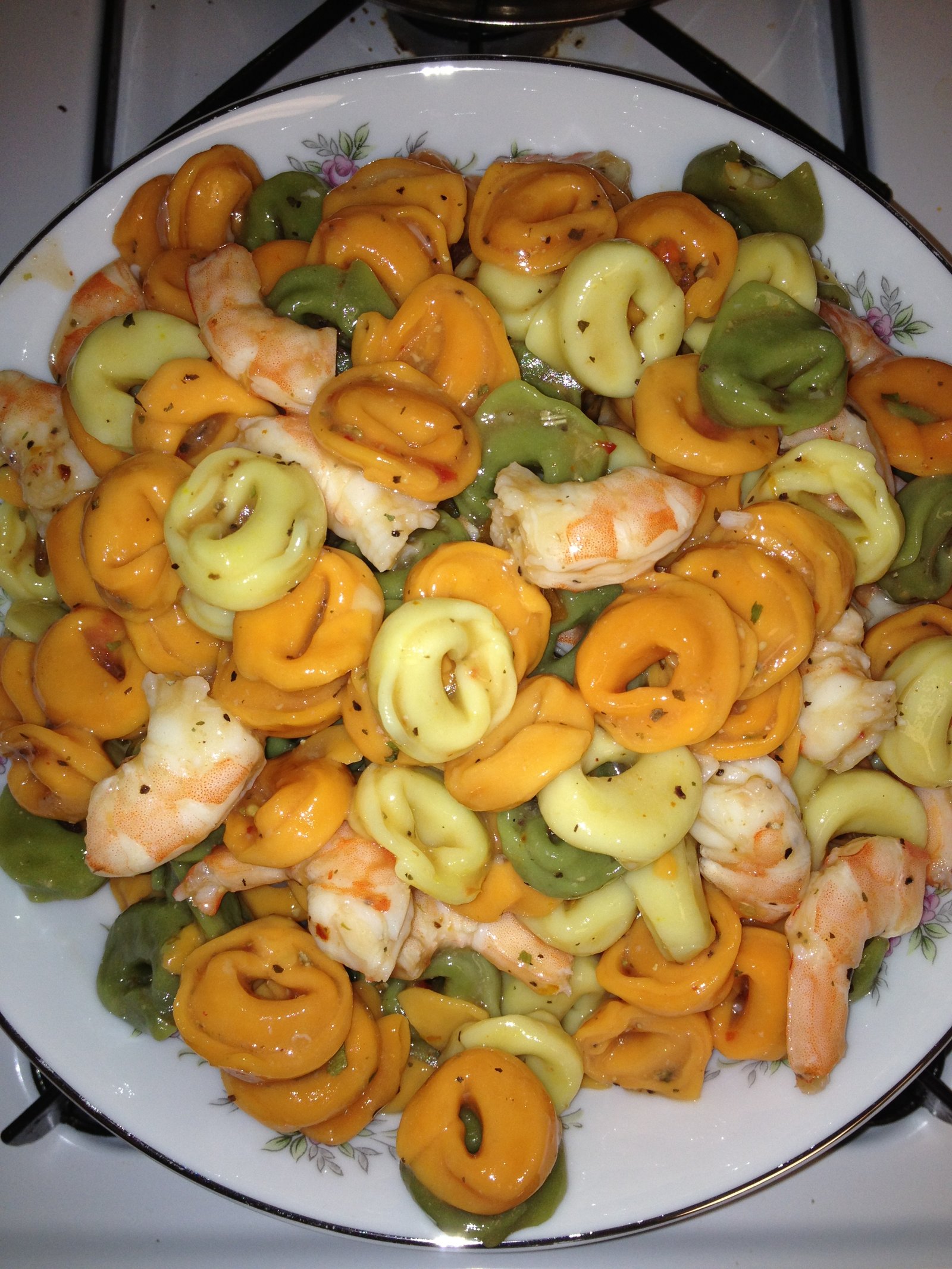 Tri-color tortellini with shrimp