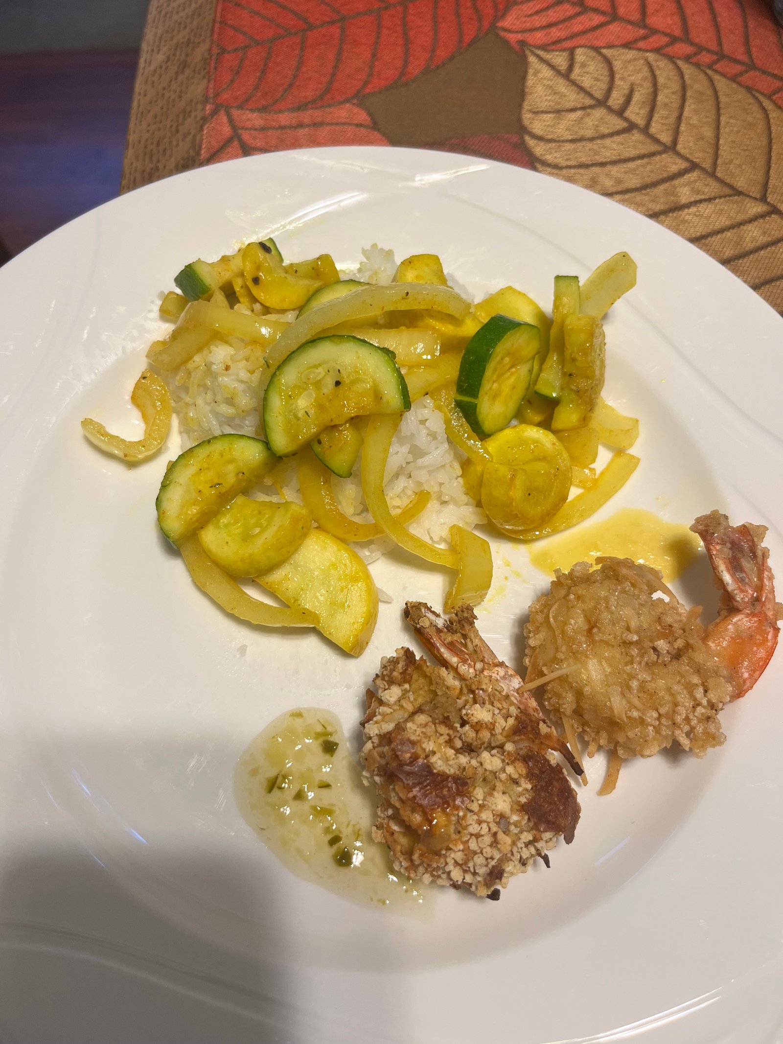 Coconut shrimp with rice and vegetables