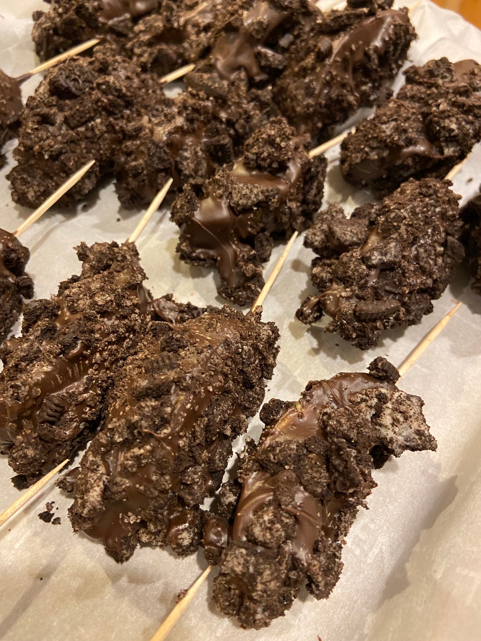 Chocolate Oreo clusters on sticks