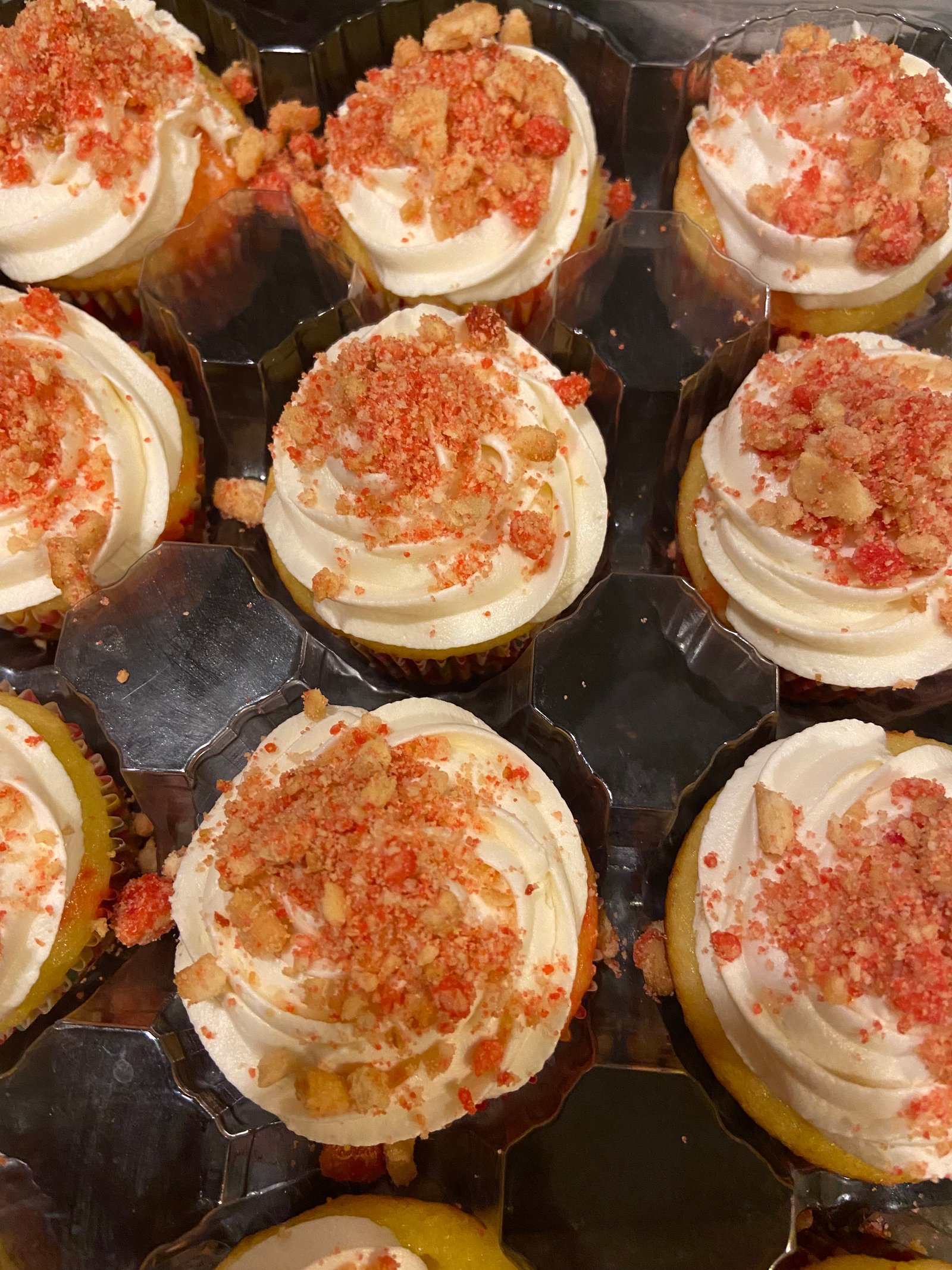 Tray of frosted cupcakes